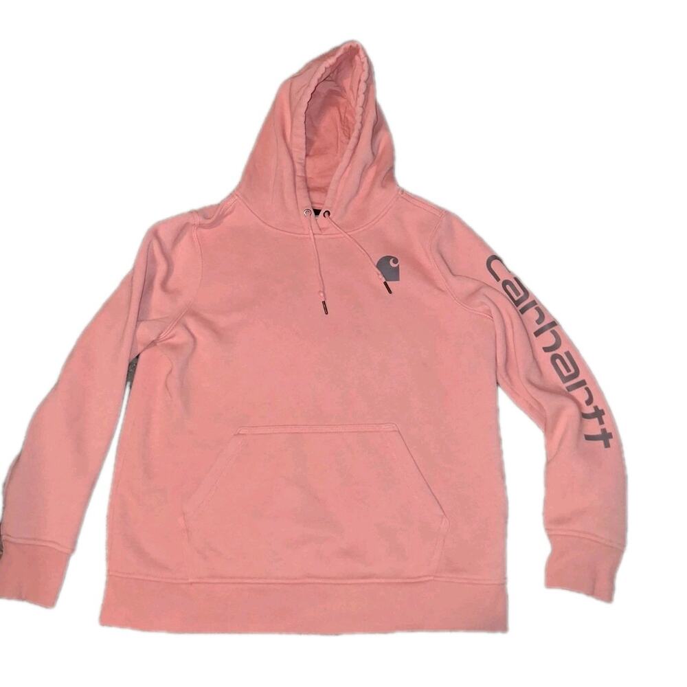 Carhartt Hoodie Women L 12-14 Relaxed Fit Logo Spellout Sleeve Sweatshirt Pink